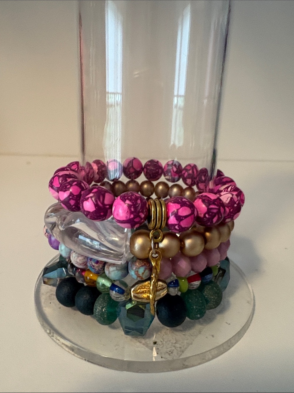 Stacked Beaded Bracelet Set with Pink and Green Accents